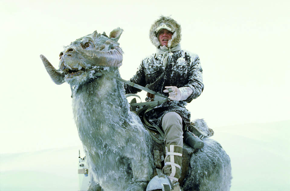 Han Solo (Harrison Ford) rides a tauntaun out on the frozen plains of Hoth in search of Luke Skywalker. ? Lucasfilm Ltd. & TM. All Rights Reserved.